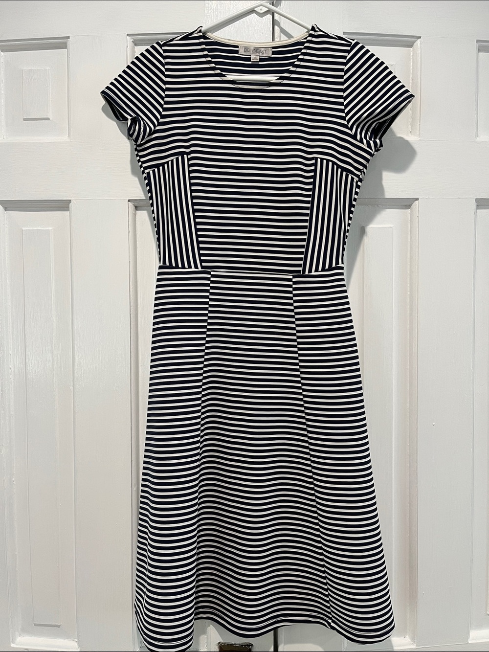 DownEast Black & White Striped Midi Dress with Short Sleeves